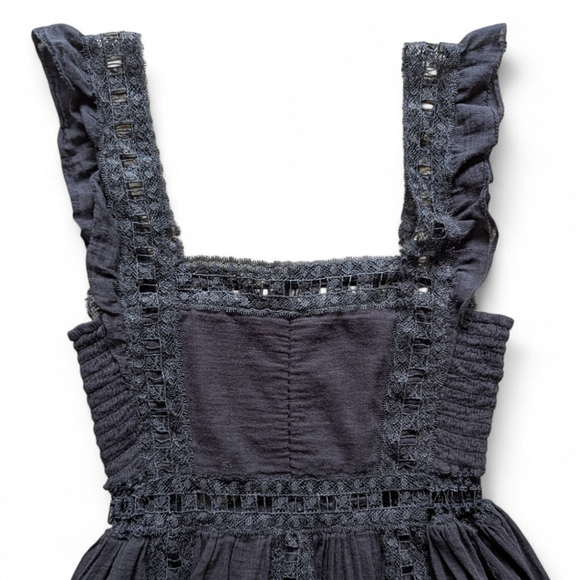 Free People Verona Black Mini Raw Hem Dress S Boho Lace Cottagecore Favorite - Picture 11 of 16